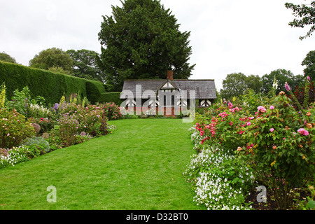 Il mezzo in legno edificio conosciuto come il tè Cottage in rosa ad arbusto Giardino a Arley Hall gardens Cheshire England Regno Unito Foto Stock