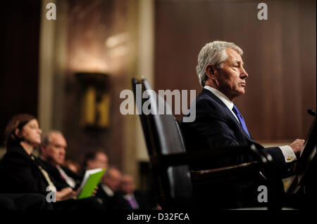 Gen 31, 2013 - Washington, Distretto di Columbia, Stati Uniti - Ex Senatore Chuck Hagel (R-NE) testimonia prima che il Comitato delle Forze Armate del Senato per la sua nomina di essere il Segretario della Difesa. (Credito Immagine: © Pete Marovich/ZUMAPRESS.com) Foto Stock