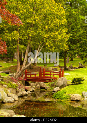 Piede-ponte in un giapponese-giardino di stile a Sonnenberg giardini, Canadaigua, New York Foto Stock