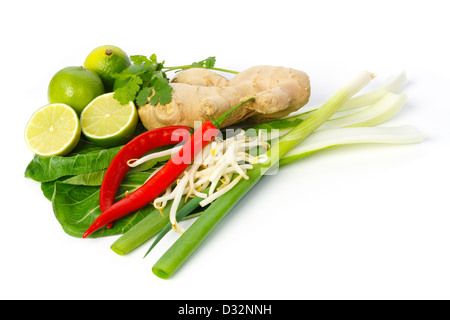 Ancora la vita di Asian ingredienti e condimenti contro uno sfondo bianco Foto Stock