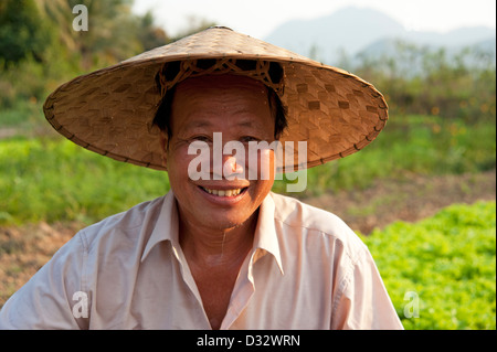 Lao farmer indossando cappello conico nel suo campo Luang Prabang Laos Foto Stock