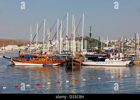 Vista sui tradizionali goleti turchi ormeggiati al largo della spiaggia di Kumbahce. Bodrum, Turchia. Foto Stock