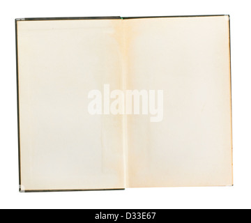 Libro aperto con pagine vuote isolate su sfondo bianco Foto Stock