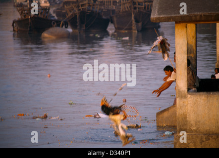 Kolkata India Bengala Dea gettato nel fiume Hoogly durante la fase di immersione Saraswati Foto Stock