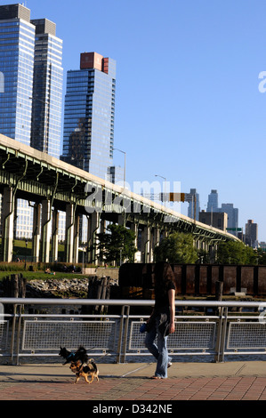 Donna cammina cane sul lungomare di Manhattan Greenway, un 32-miglio percorso che circumnavigates l'isola di Manhattan. Foto Stock