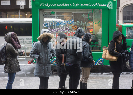 Intrepid Girl Scout gli amanti dei cookie coraggioso il maltempo invernale la linea fino a comprare i cookie su National Girl Scout Cookie giorno in NY Foto Stock