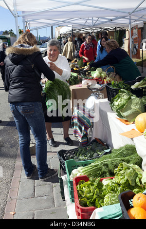 Cliente con stallholder accanto alla frutta fresca e verdura moneta di stallo Andalusia Spagna Foto Stock