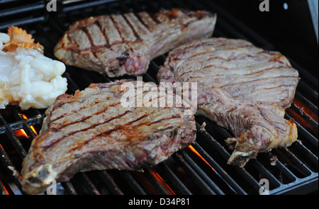 Deliziose bistecche e aragoste sul grill per la cena Foto Stock