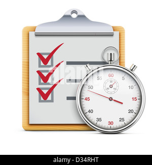 Il concetto di distribuzione con la classica cronometro, appunti e lista di controllo Foto Stock