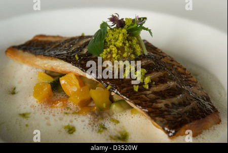 Minuto fumato il branzino con ratatouille di pistacchio con arancia e schiuma di rafano. Foto Stock