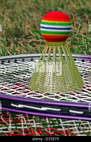 Badminton Racchette e volano posizionato sull'erba. Foto Stock