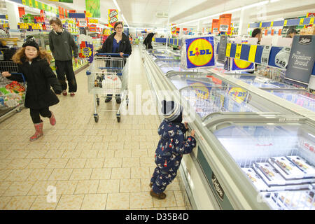 LIDL, Morden, nel sud di Londra, Inghilterra, Regno Unito. 10 Febbraio, 2013. Piatti pronti e venduti come prodotti a base di carni bovine da parte di alcuni della Gran Bretagna più grandi supermercati conteneva fino al cento per cento di carne di cavallo, la Food Standards Agency ha detto.Il cibo congelato azienda ha scoperto che 11 su 18 piatti pronti, che sono stati pubblicizzati come contenente il cento per cento di manzo, sono stati effettivamente tra 60 per cento e 100 per cento di carne di cavallo. Quattro grandi catene di supermercati operanti in Gran Bretagna sono il ritiro di un numero di prodotti a base di carni bovine cavallo dopo il DNA è stato trovato in hamburger surgelati venduti nel Regno Unito e in Irlanda da Aldi, Islanda, Lidl e Tesco. Foto Stock