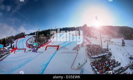 10.02.2013, Schladming, Austria. FIS Campionati del Mondo Sci Alpino 2013 in discesa per donne immagine mostra la finitura Foto Stock