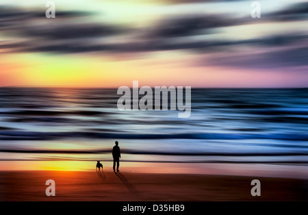 Vista panoramica con paesaggio distorto e sky con stagliano figure camminando lungo la spiaggia con il cane Foto Stock