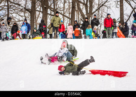 New York, Stati Uniti d'America. 9 febbraio 2013. Due bambini e un adulto sled downhill a Fort Greene Park, davanti a una folla di curiosi il giorno dopo il blizzard denominata "Nemo" ha colpito. Brooklyn, New York City, Stati Uniti d'America. Febbraio 9, 2013. Eric Brown / Alamy Live News Foto Stock