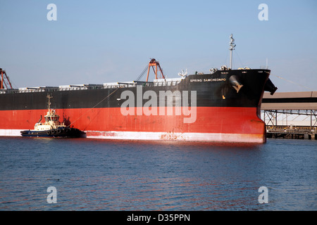 Secco Panamax Portarinfuse MV Samcheonpo molla arrivando a Newcastle con rimorchiatore a traino assistenza a carico del carbone di esportazione per il Giappone Foto Stock