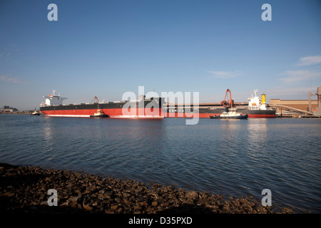 Secco Panamax Portarinfuse MV Samcheonpo molla arrivando a Newcastle con rimorchiatore a traino assistenza a carico del carbone di esportazione per il Giappone Foto Stock