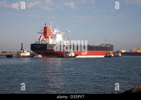 Secco Panamax Portarinfuse MV Samcheonpo molla essendo assistito al suo ormeggio al Kooragang caricatore carbone Newcastle Australia Foto Stock