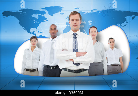 Il team di Business sul mondo blu sullo sfondo della mappa Foto Stock