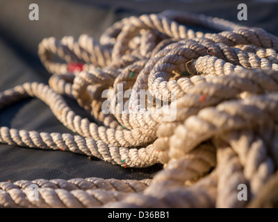 Una pila a spirale di fibra naturale fune su una tradizionale barca a vela. Foto Stock