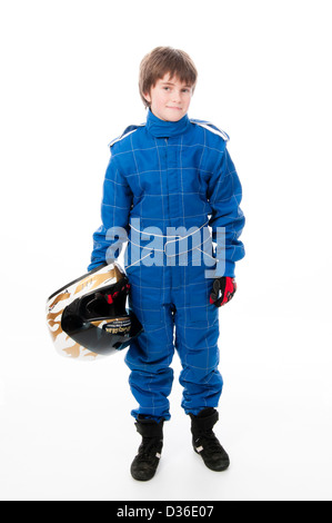 Bambino Motorsport indossare abbigliamento protettivo Foto Stock