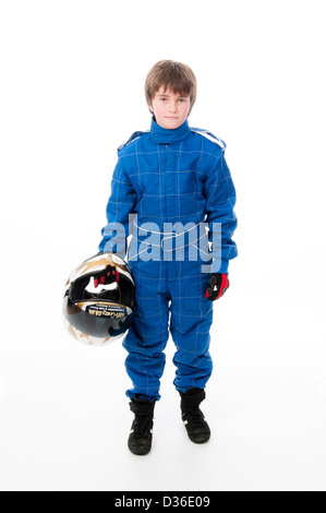 Bambino Motorsport indossare abbigliamento protettivo Foto Stock