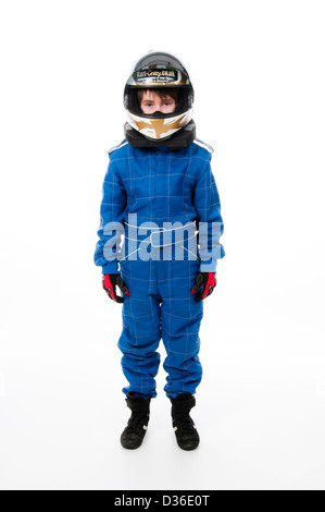 Bambino Motorsport indossare abbigliamento protettivo Foto Stock