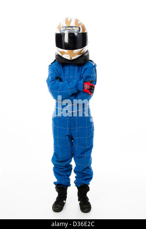 Bambino Motorsport indossare abbigliamento protettivo Foto Stock