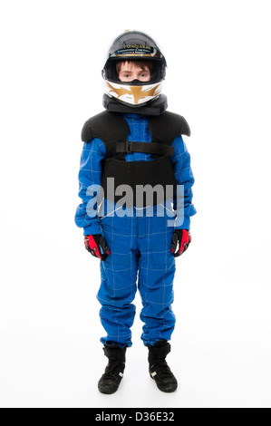 Bambino Motorsport indossare abbigliamento protettivo Foto Stock