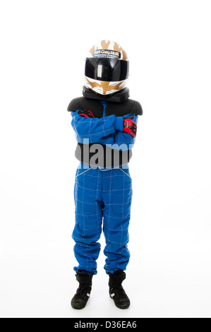 Bambino Motorsport indossare abbigliamento protettivo Foto Stock