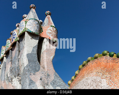 Architettura del tetto a Casa Batllo, Antoni Gaudi, Barcellona Foto Stock