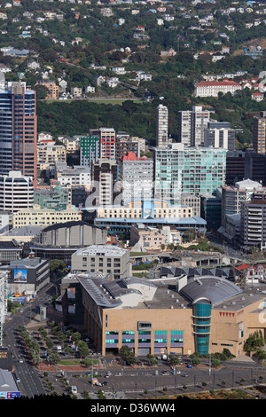 Vista della città di Wellington e il Te Papa Museum di Nuova Zelanda dal Monte Victoria Foto Stock