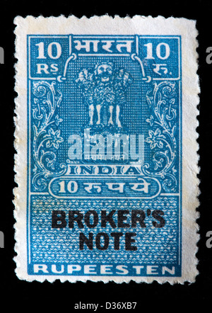 Capitale del pilastro Asoka, Broker's nota, francobollo, India, 1947 Foto Stock