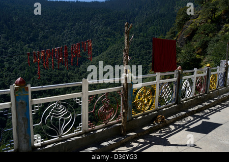 Cheri Goemba (monastero),o Chagri dorjidhen,in montagna himalayana,linea di lavaggio con carne successiva asciugatura 2 monaci robe,36MPX Foto Stock