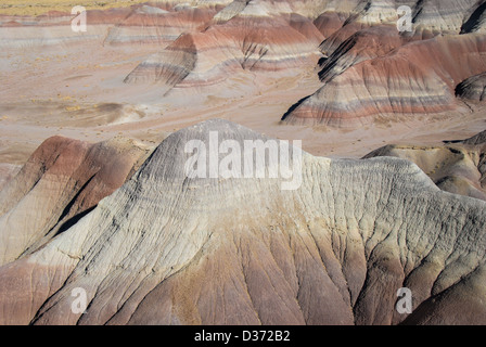 Vista in elicottero su terreni variegati nel deserto dipinto al Petrifified Forest National Park in Arizona. (STATI UNITI) Foto Stock
