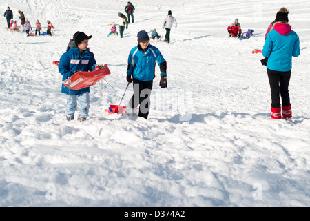 I bambini e le famiglie si divertono con le loro slitte, luminoso e bianco inverno scena il 9 febbraio 2013 sulle colline di Stoccarda Foto Stock