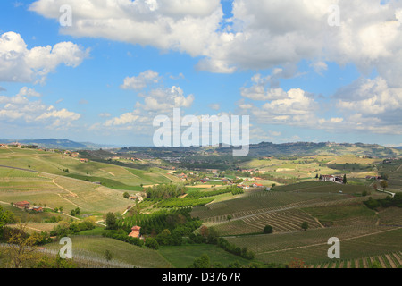 Vista delle verdi colline e vigneti sotto il bellissimo cielo blu con nuvole bianche in primavera in Piemonte, Italia settentrionale. Foto Stock