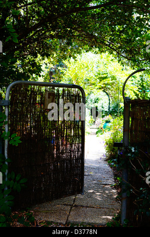 Giardino recinto e porta d'ingresso nel buio di un giardino nella luce del sole su Isola Dangar NSW, Australia Foto Stock