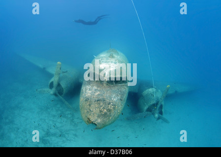 Freediver all'interno del relitto della Douglas DC-3 Dakota, Mare mediterraneo, Kash, Turchia Foto Stock