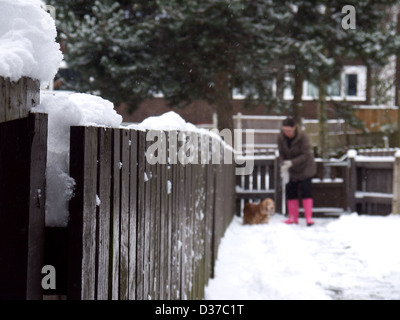 La signora e il cane nella neve. Foto Stock