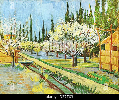 Vincent van Gogh, per frutteti in fiore, delimitata da cipressi. 1888. Post-Impressionism. Olio su tela. Foto Stock