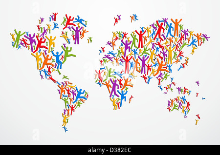 Diversità multicolore di persone nella mappa del globo forma isolata. File vettoriale stratificata per una facile manipolazione e colorazione personalizzata. Foto Stock