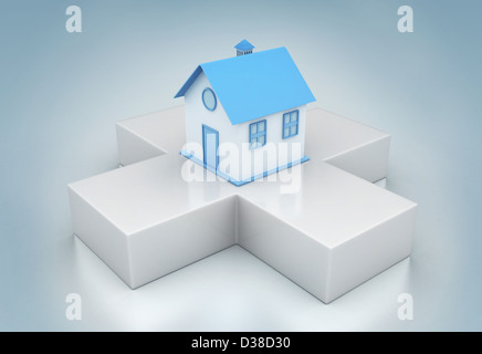 Immagine illustrativa della casa sul segno a forma di croce che rappresenta la casa di assicurazione Foto Stock