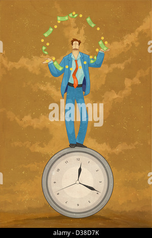 Immagine illustrativa di imprenditore giocoleria con denaro sulla parte superiore di un orologio che rappresenta il tempo è denaro Foto Stock