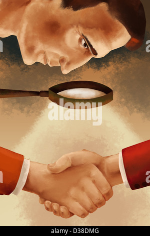 Immagine illustrativa di un uomo guarda handshake attraverso la lente di ingrandimento Foto Stock