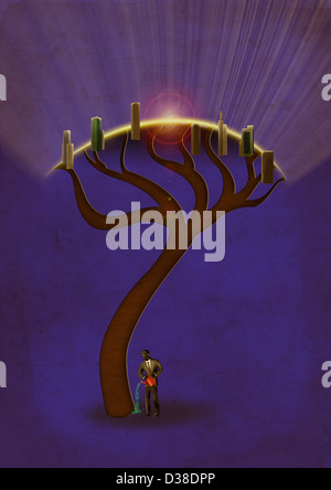 Immagine illustrativa di imprenditore albero di irrigazione di notte che rappresenta la crescita del business Foto Stock