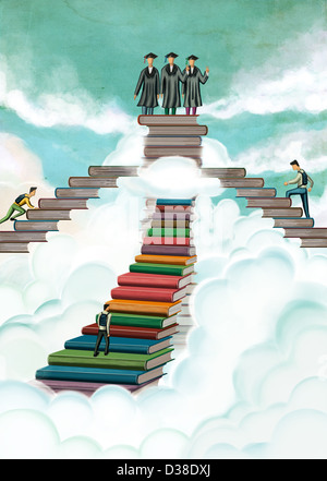 Immagine illustrativa degli studenti sulla pila di libri che rappresenta il giorno di graduazione Foto Stock