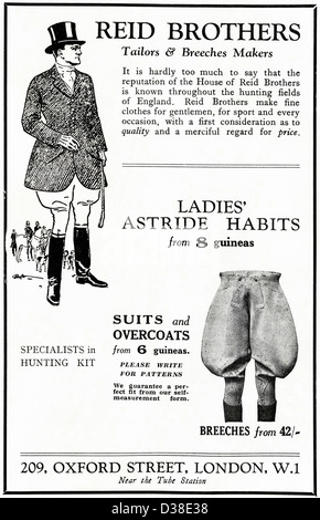 Originale di 1920s vintage stampa pubblicitaria da English Country Gentleman's pubblicità sui giornali Reid Fratelli Sarti & pantaloni realizzatori di Oxford Street Londra Foto Stock