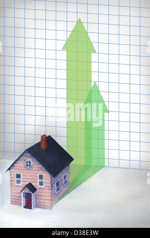 Immagine illustrativa di casa e frecce rivolte verso l'alto che rappresenta un aumento del prezzo Foto Stock