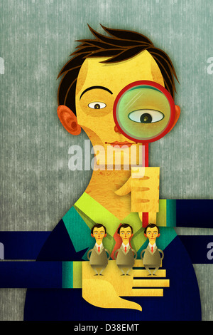 Immagine illustrativa di imprenditore con lente di ingrandimento assunzione di candidati Foto Stock